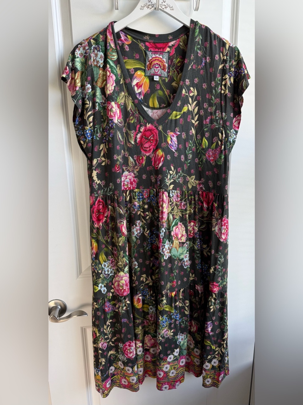 Johnny Was Short Sleeve Floral Bamboo Blend Dress Bohemian Hippie Colorful Large
